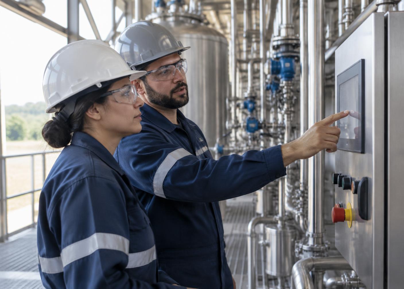 Engenheiros da WM Matos operando o painel de controle de uma planta de emulsão