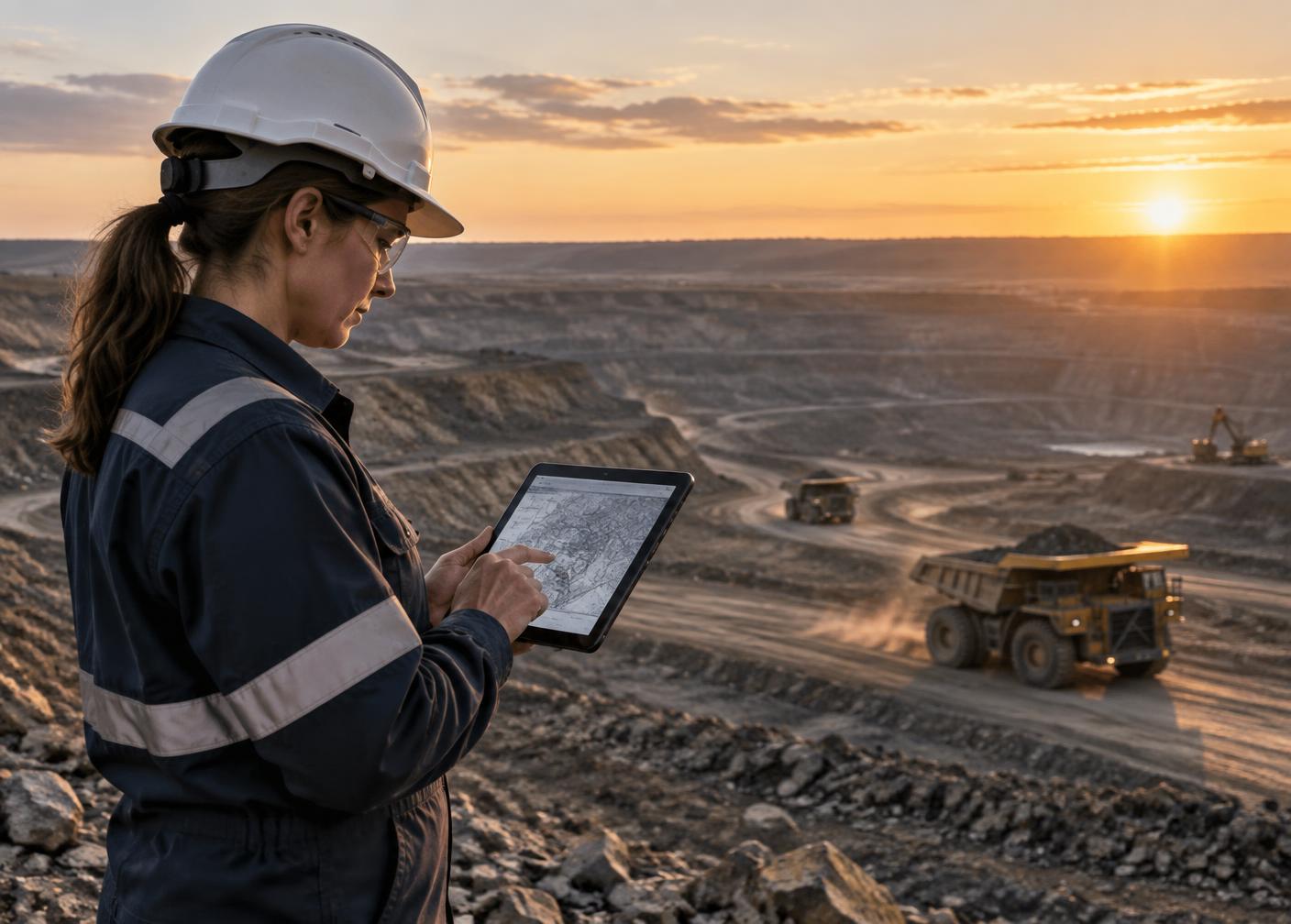 Engenheira analisando dados técnicos em uma operação de mineração